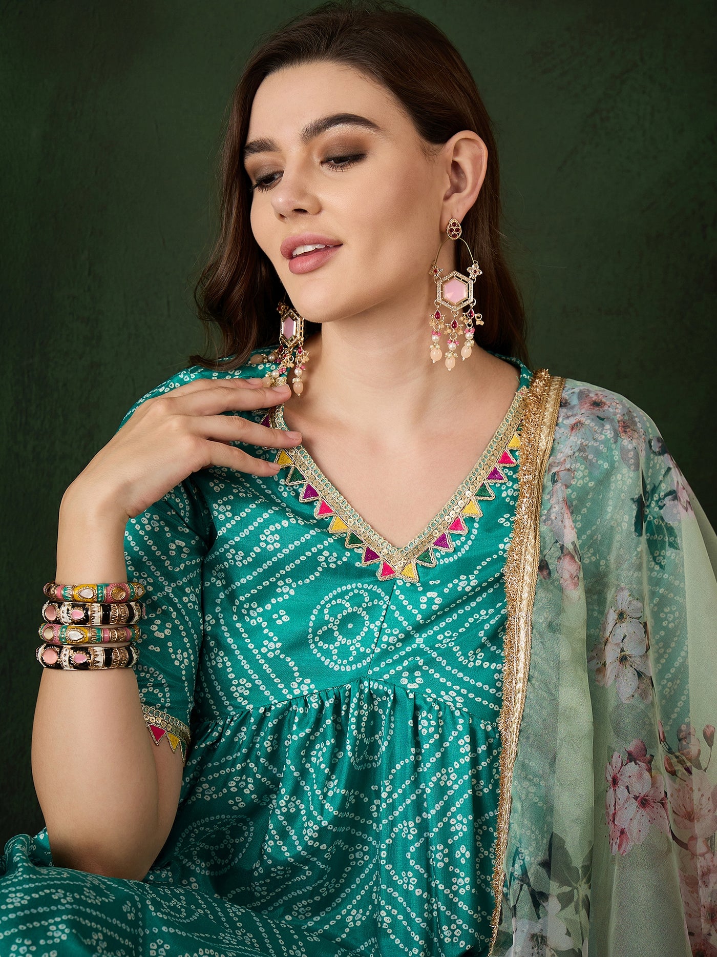 Green Bandhani Print Kurta Sharara With Dupatta