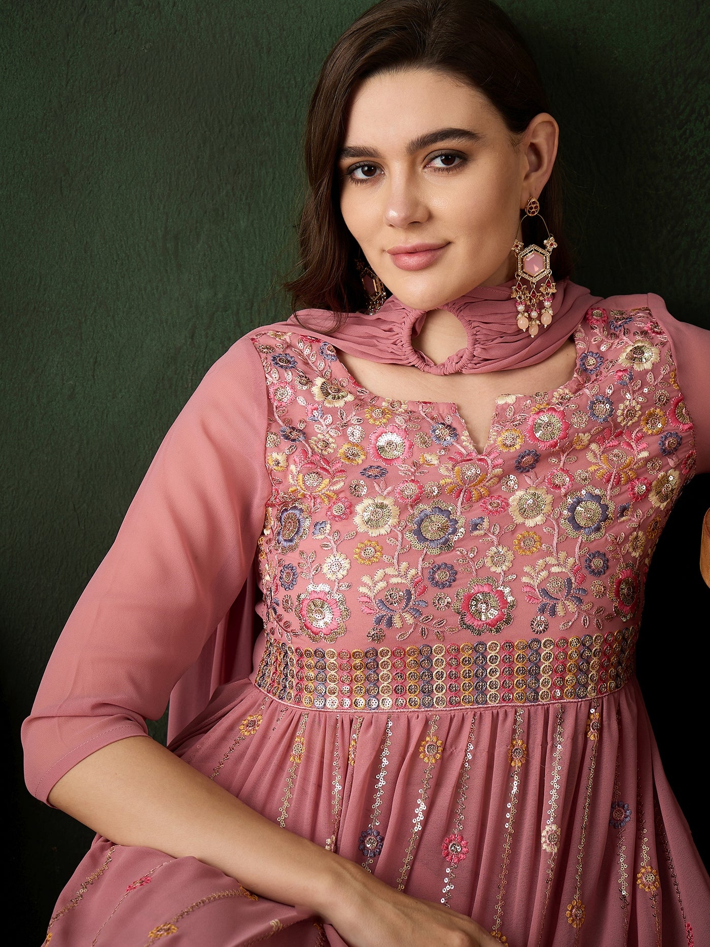 Pink Embroidered Nyra-Cut Kurta Palazzo With Dupatta