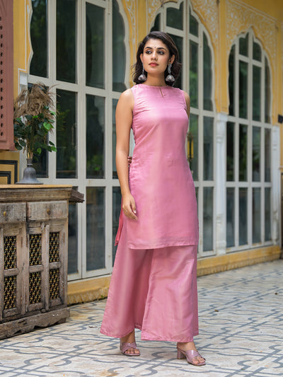 Blush Pink Sleevessless Kurta Sharara With Organza Sequinned Dupatta