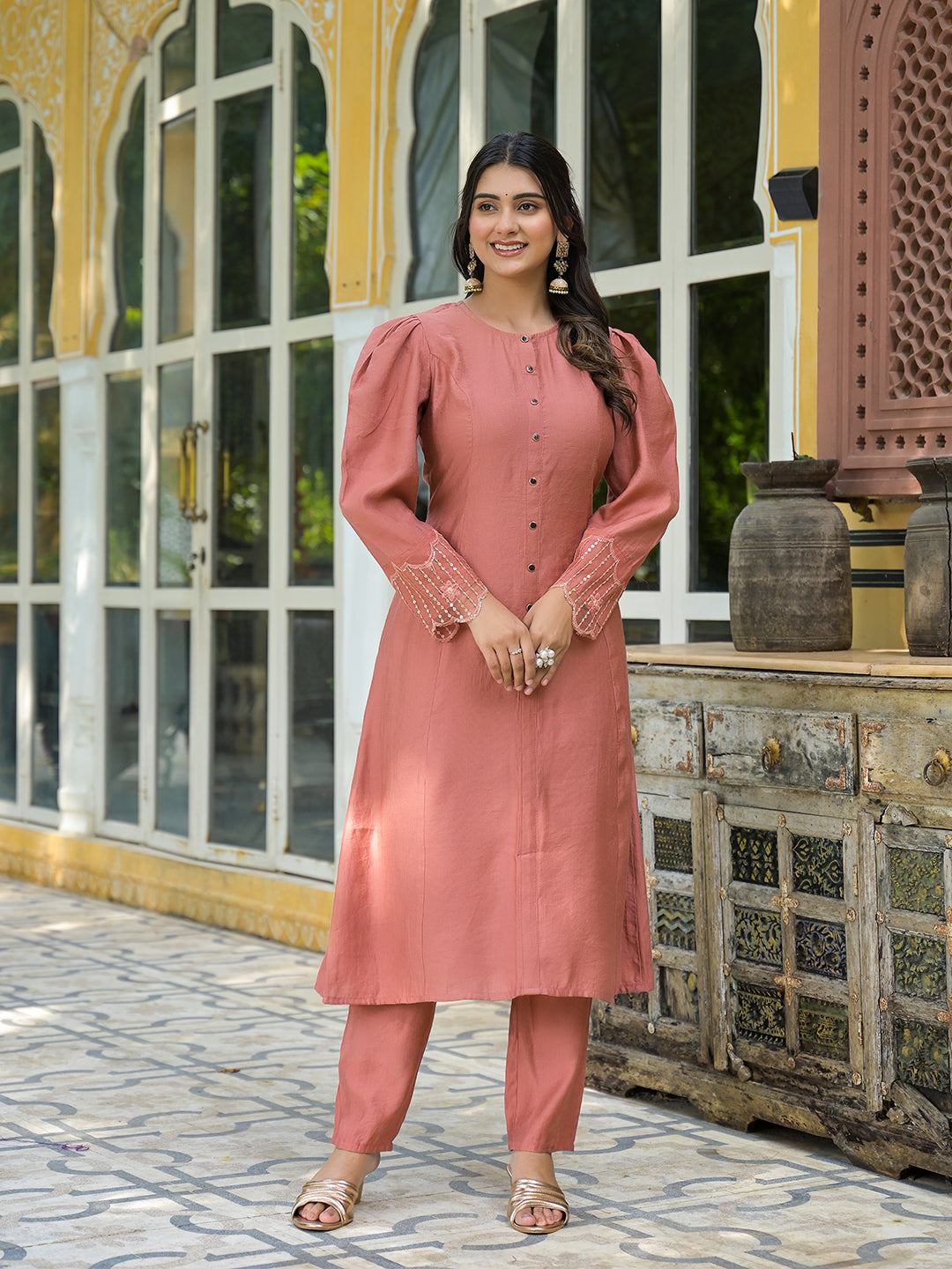 Brick Red A-Line Kurta Set With Dupatta