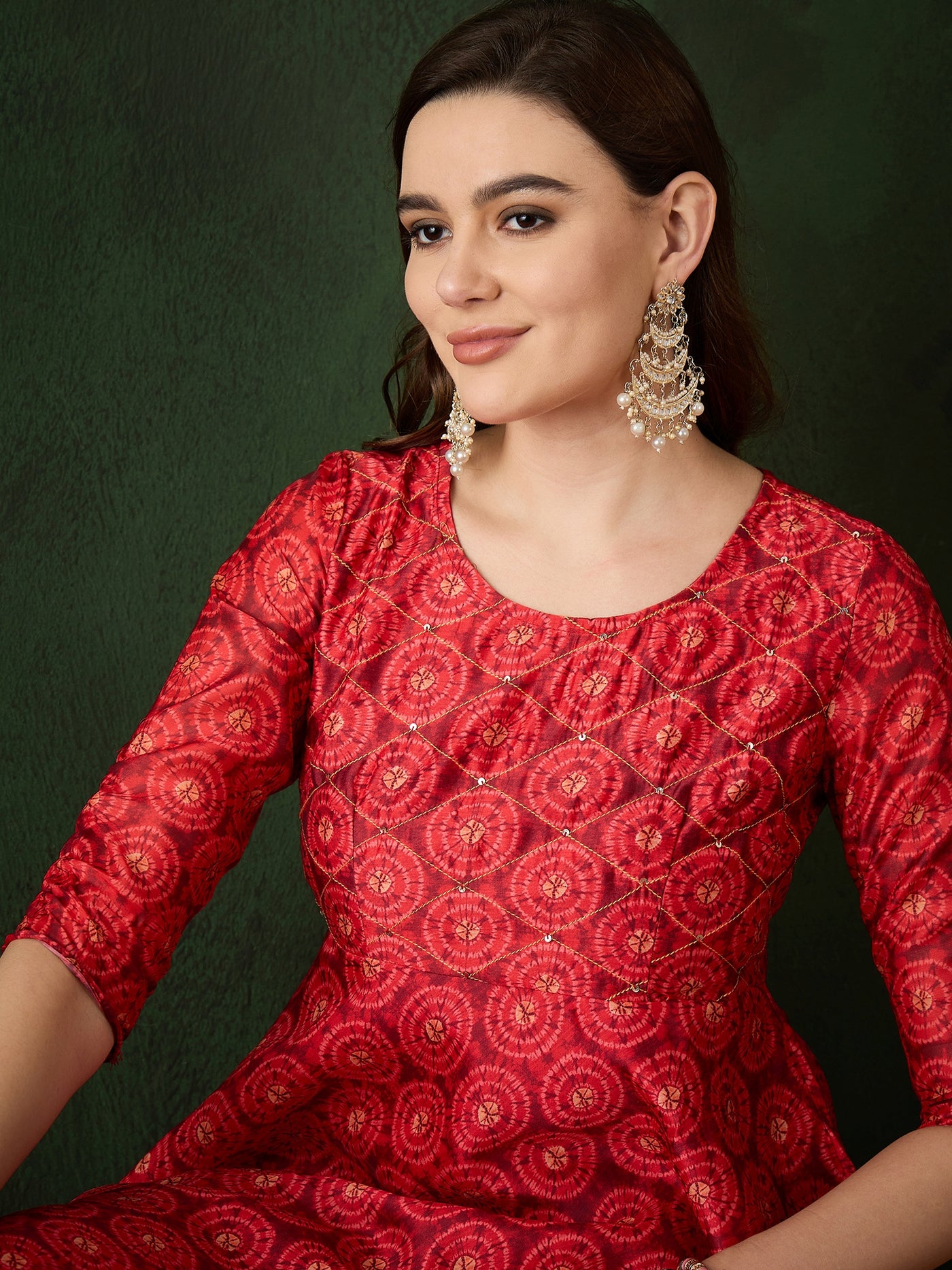 Red Geometric Print Anarkali