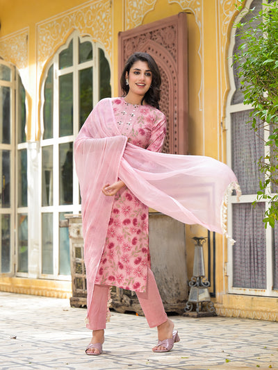 Blush Pink Floral Kurta Set With Dupatta