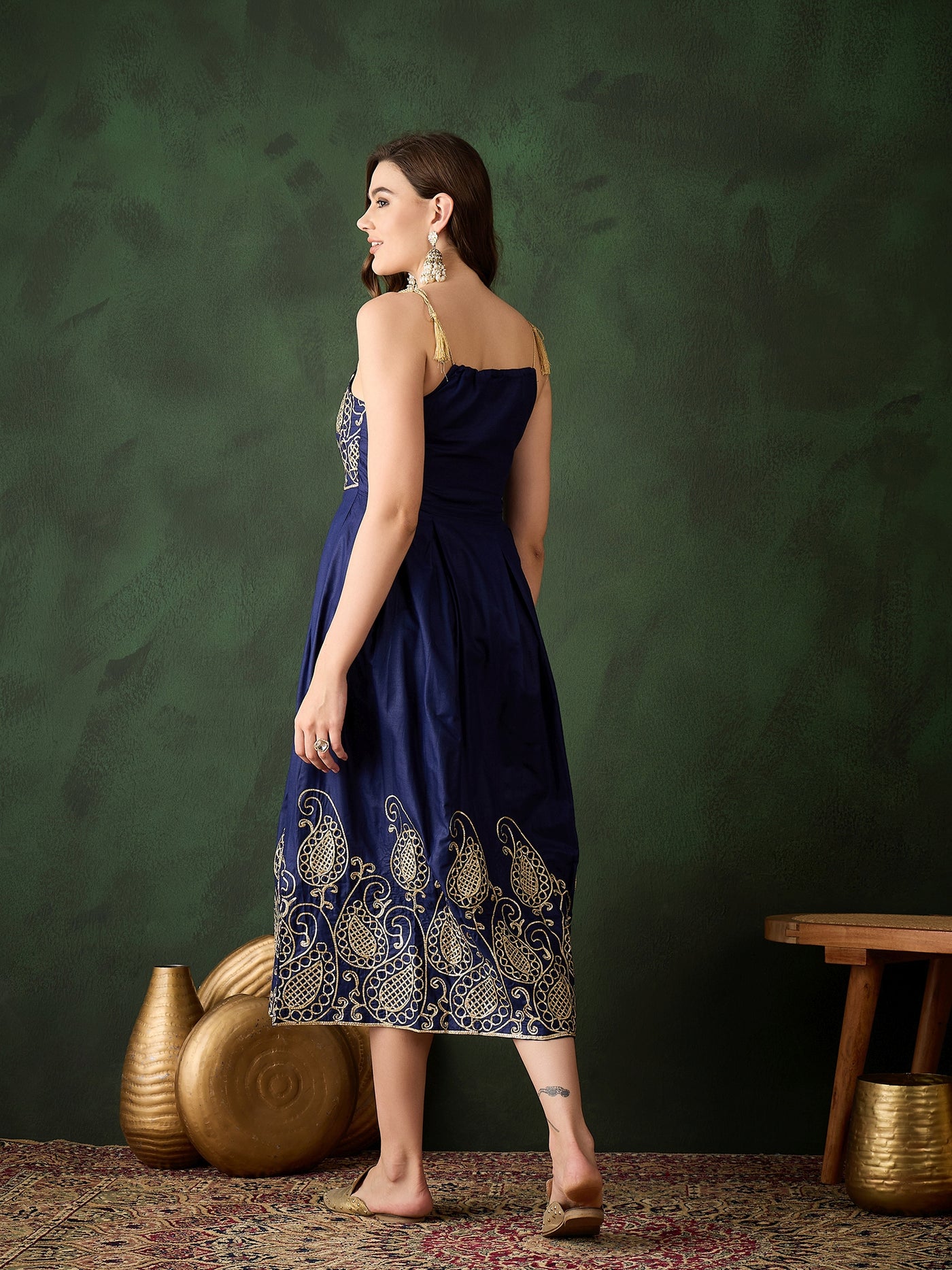 Navy Blue Embroidered Flared Maxi Dress