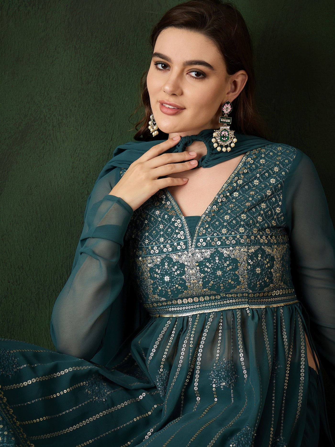 Teal Embroidered Nyra-Cut Kurta Palazzo With Dupatta