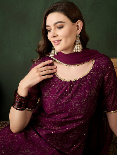 Purple Gold Print Kurta Pant With Dupatta