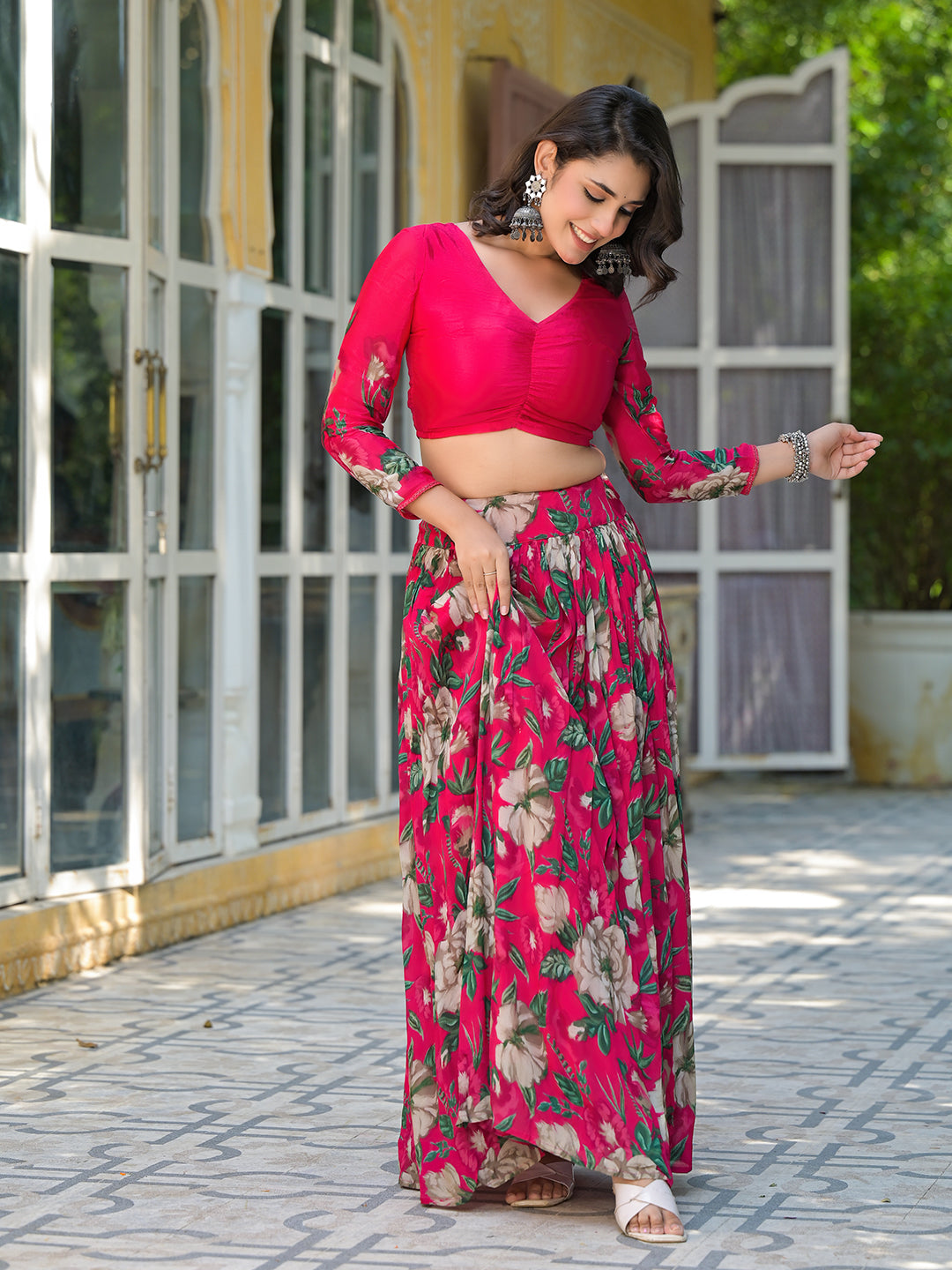 Magenta Floral Print Chinnon Lehenga Choli