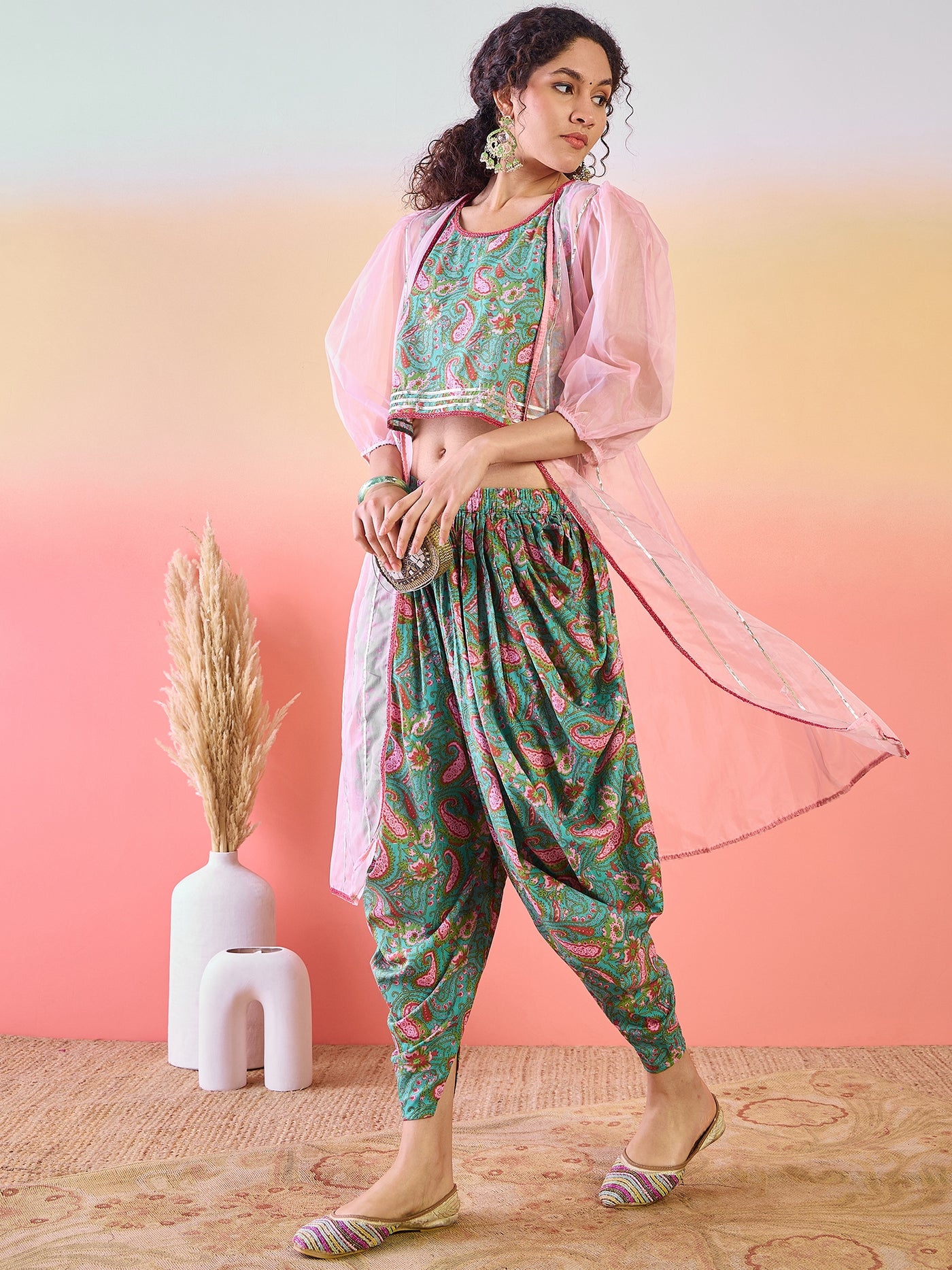 Light Blue Floral Print Dhoti Co-Ord Set With Jacket