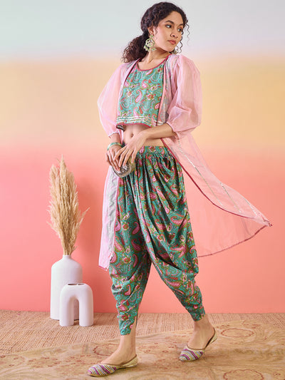 Light Blue Floral Print Dhoti Co-Ord Set With Jacket