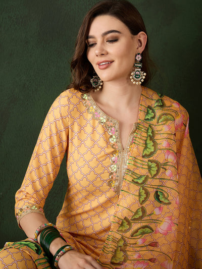 Yellow Pichwai Print Kurta Palazzo With Dupatta