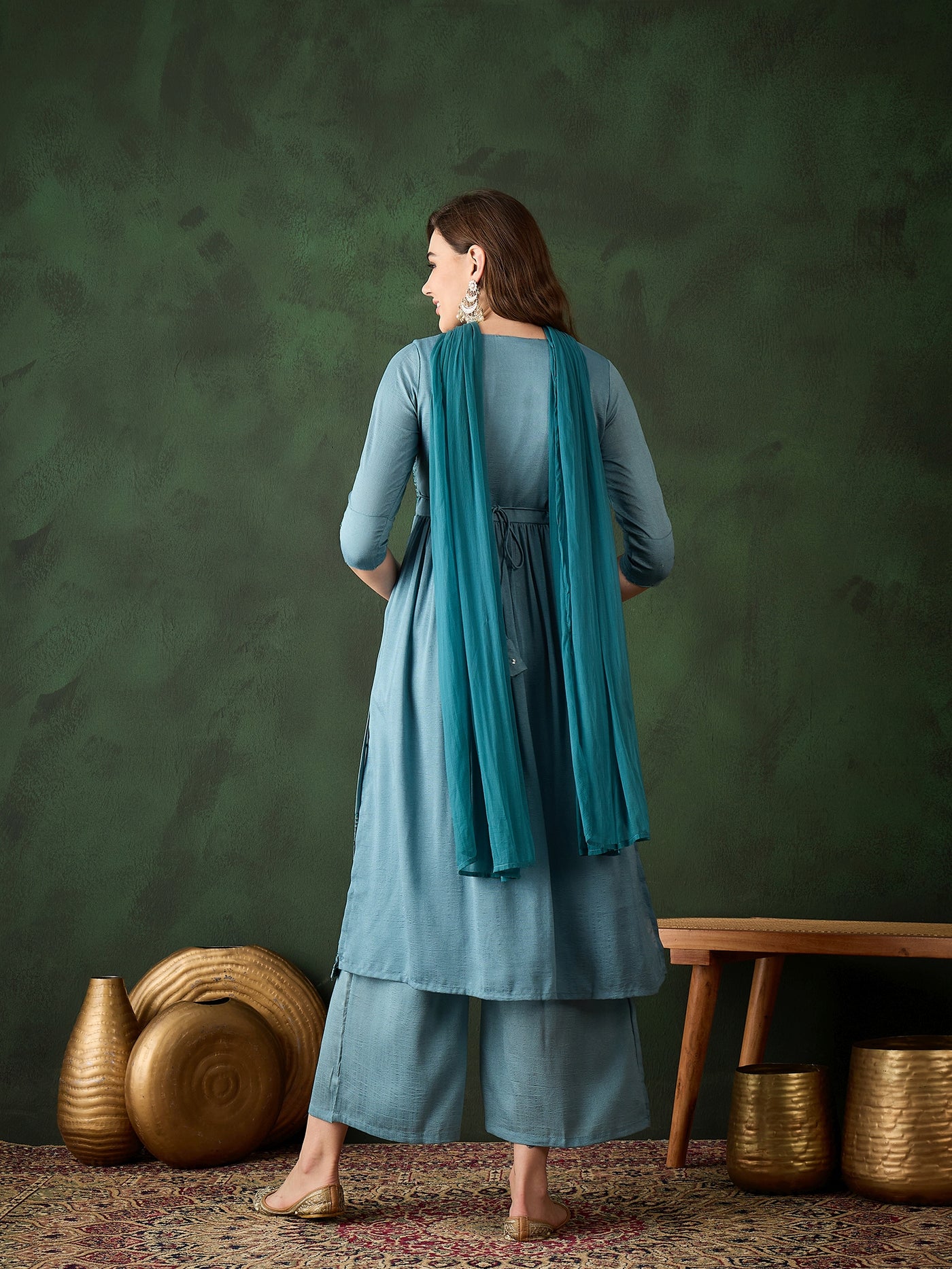 Blue Embroidered Nyra-Cut Kurta Palazzo With Dupatta