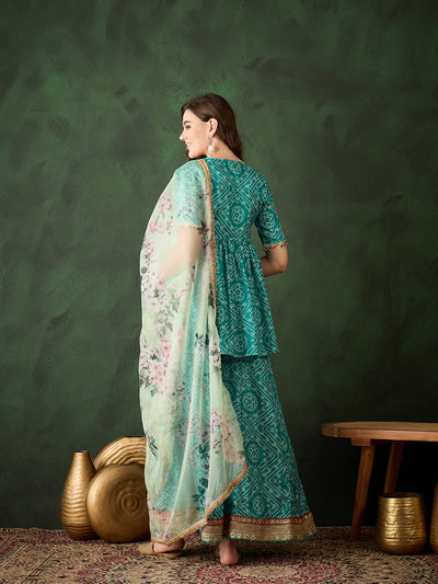 Green Bandhani Print Kurta Sharara With Dupatta