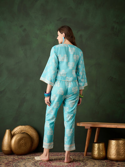 Turquoise Blue Floral Print Co-Ord Set