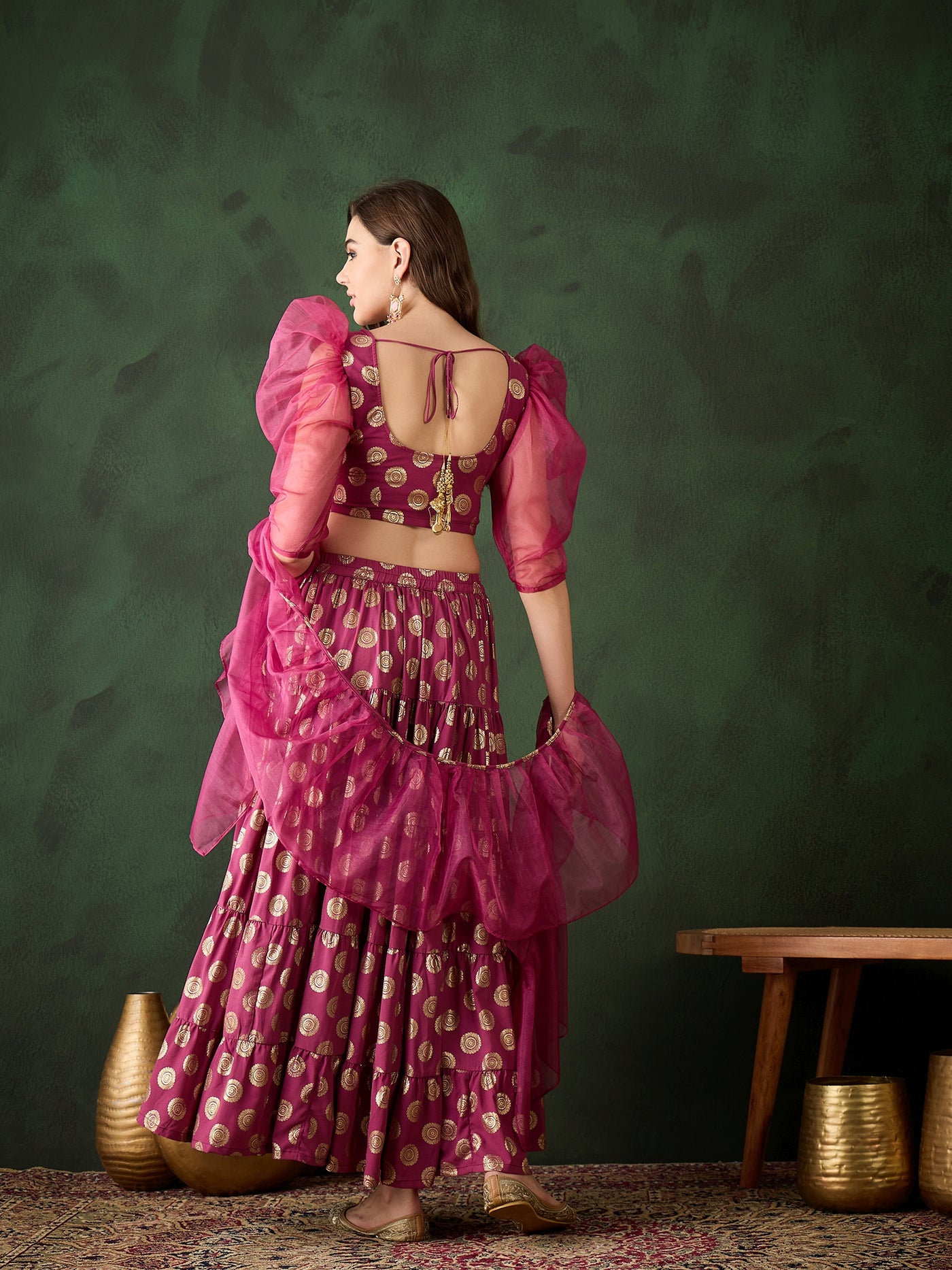 Magenta Foil Print Lehenga Choli With Dupatta