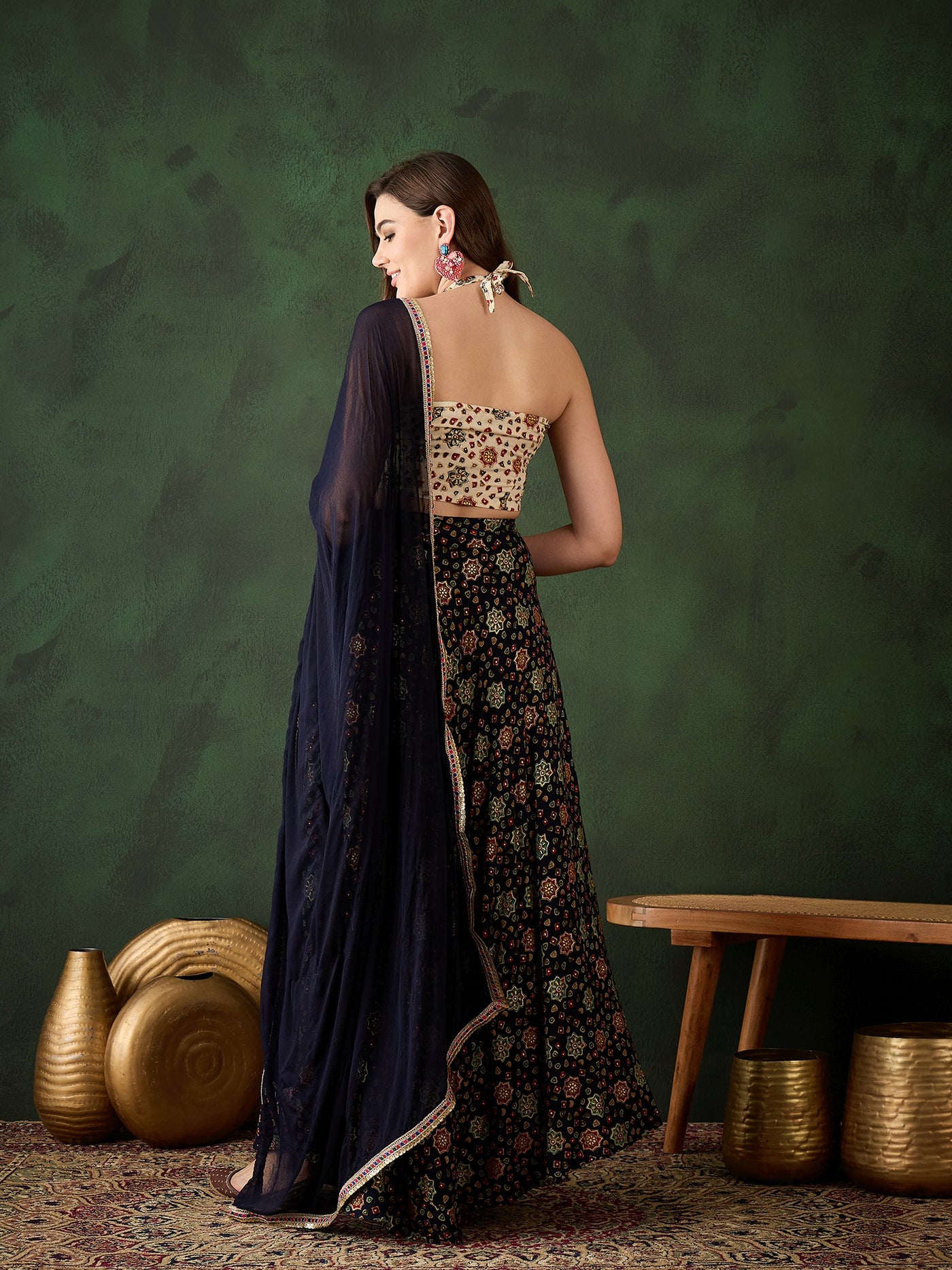 Navy Blue Gold Printed Lehenga Choli With Dupatta