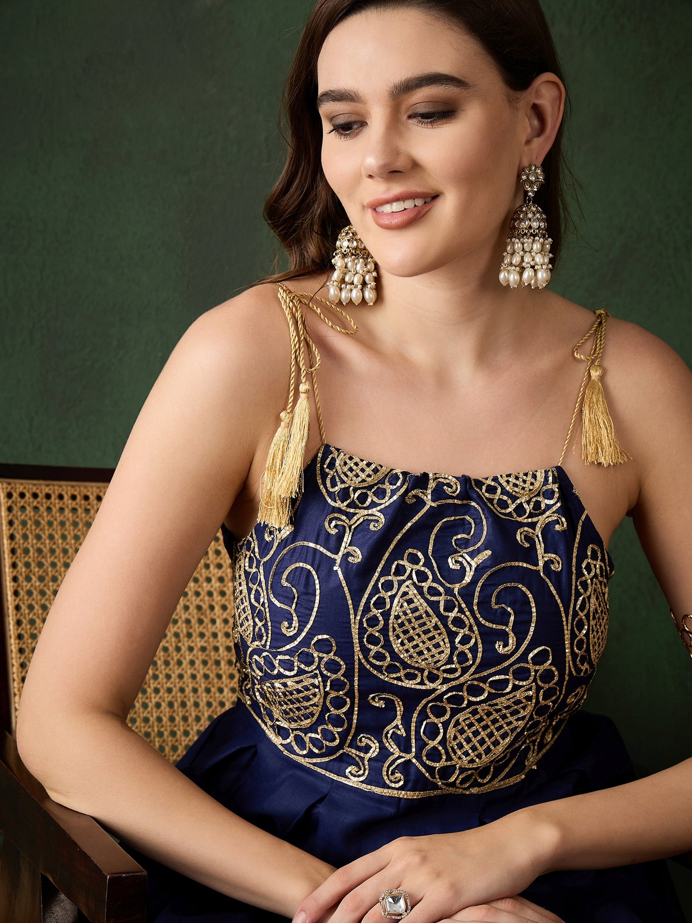 Navy Blue Embroidered Flared Maxi Dress