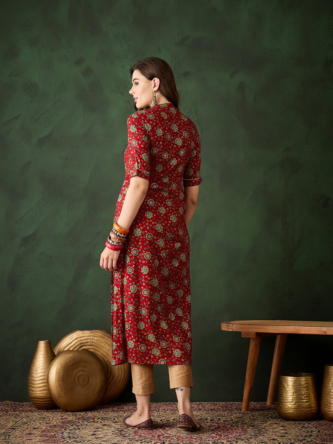 Red Gold Print Button Down Kurta