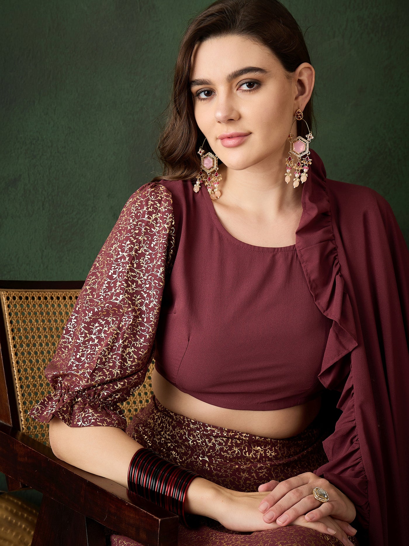 Burgundy Foil Printed Lehenga Choli With Dupatta