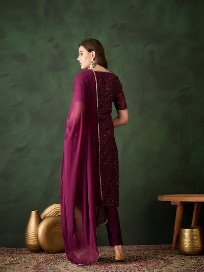 Purple Gold Print Kurta Pant With Dupatta