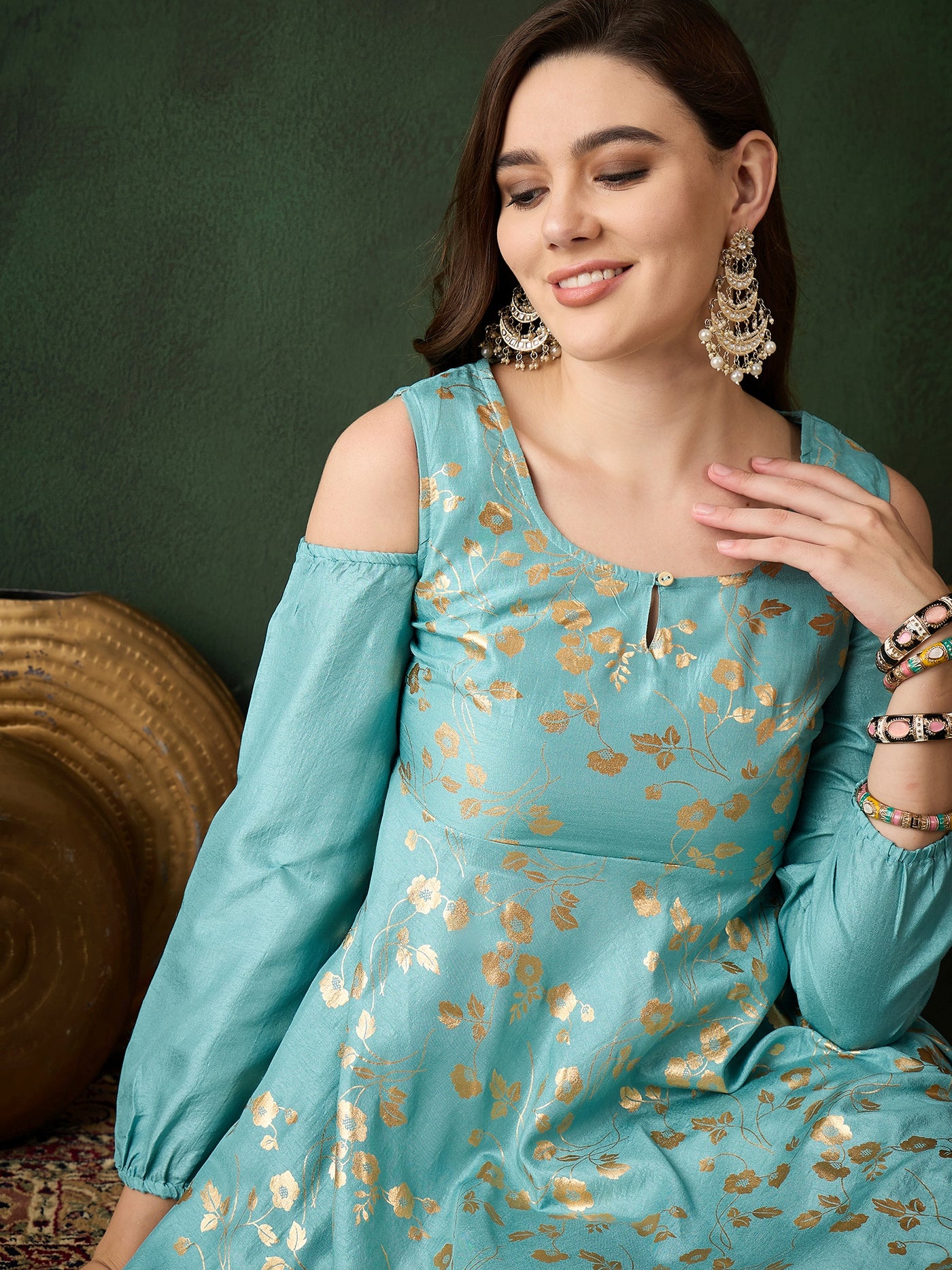 Pastel Blue Foil Print Flared Anarkali