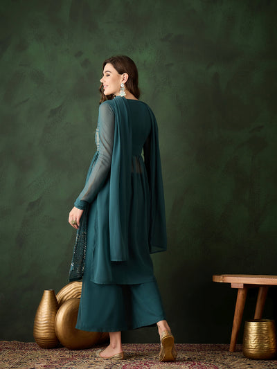 Teal Embroidered Nyra-Cut Kurta Palazzo With Dupatta