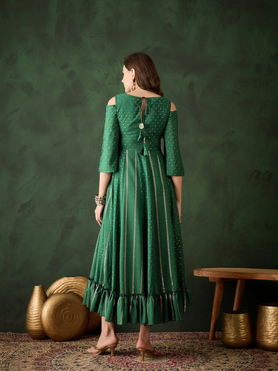 Dark Green Embroidered Flared Maxi Dress