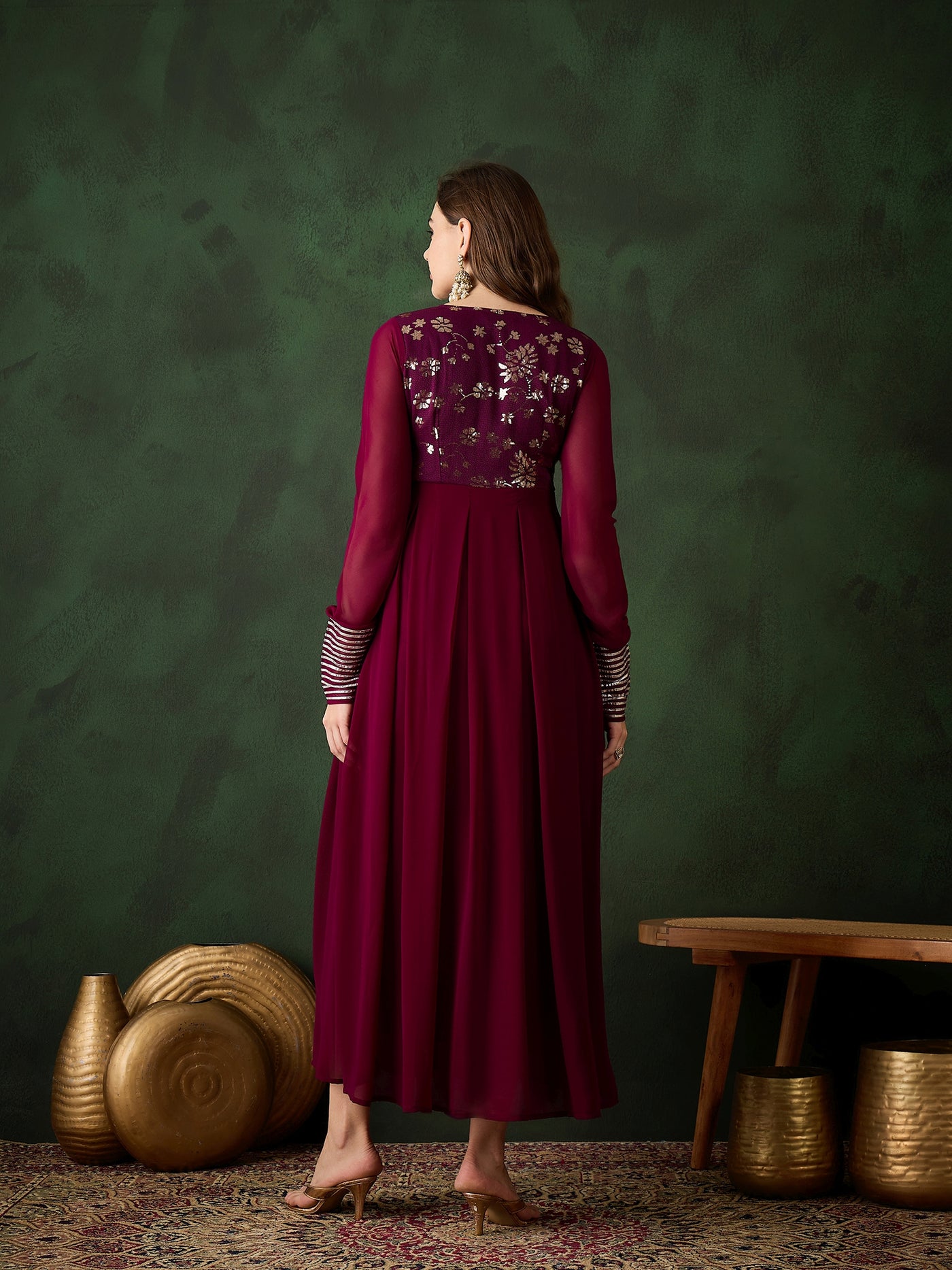 Burgundy Sequence Work Flared Maxi Dress