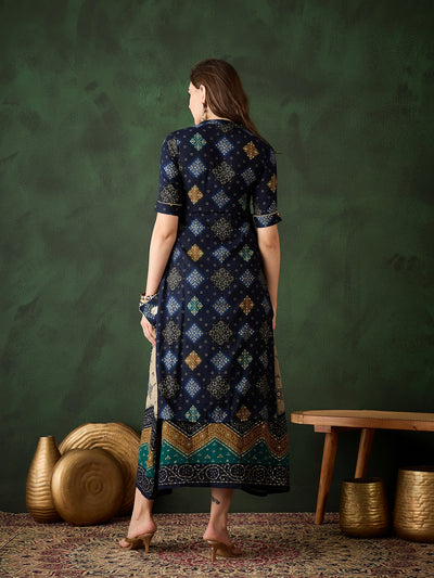 Navy Blue Bandhani Print Layered Maxi Dress