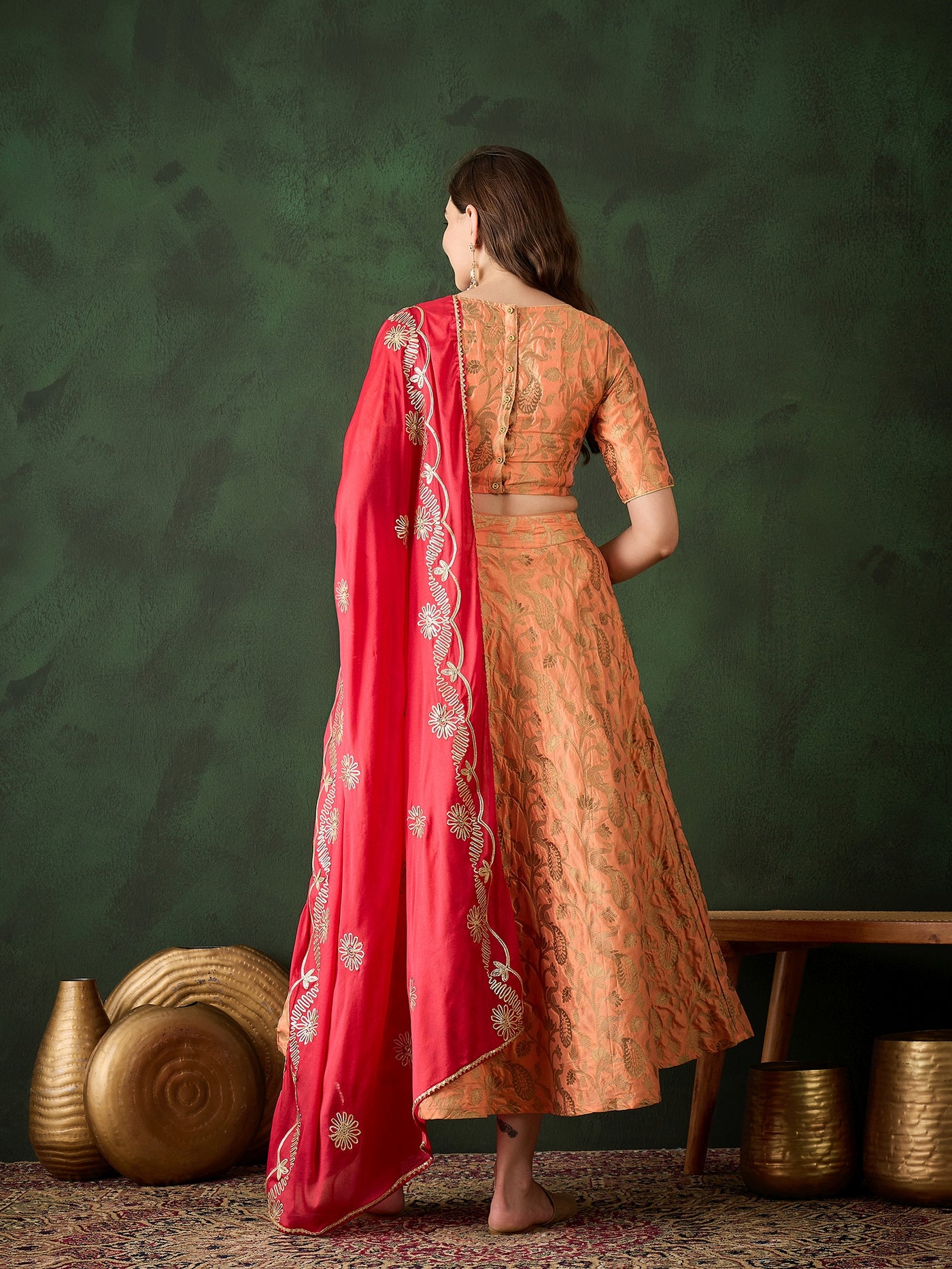 Peach Jacquard Lehenga Choli With Dupatta