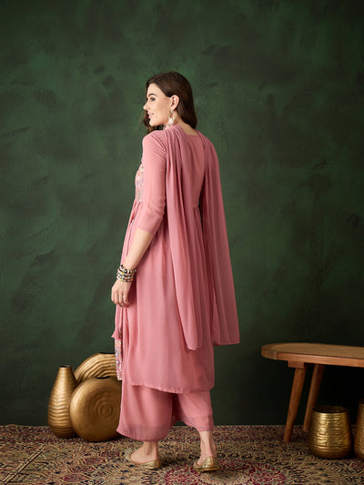 Pink Embroidered Nyra-Cut Kurta Palazzo With Dupatta