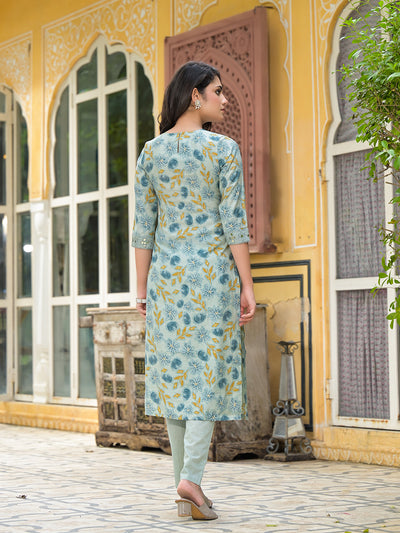 Dusty Blue Floral Kurta Set With Dupatta