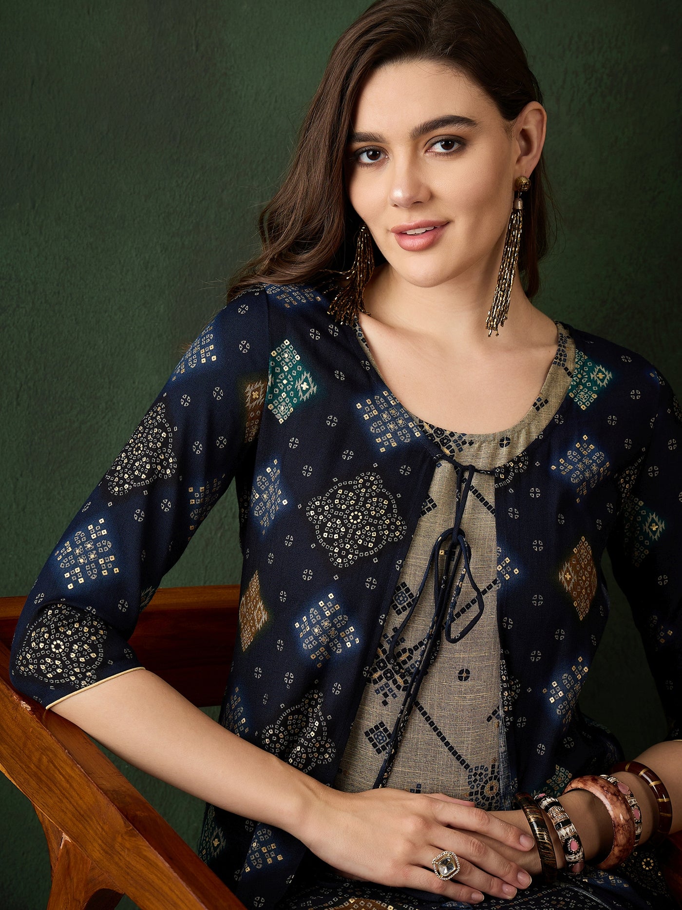 Navy Blue Bandhani Print Kurta With Jacket Set