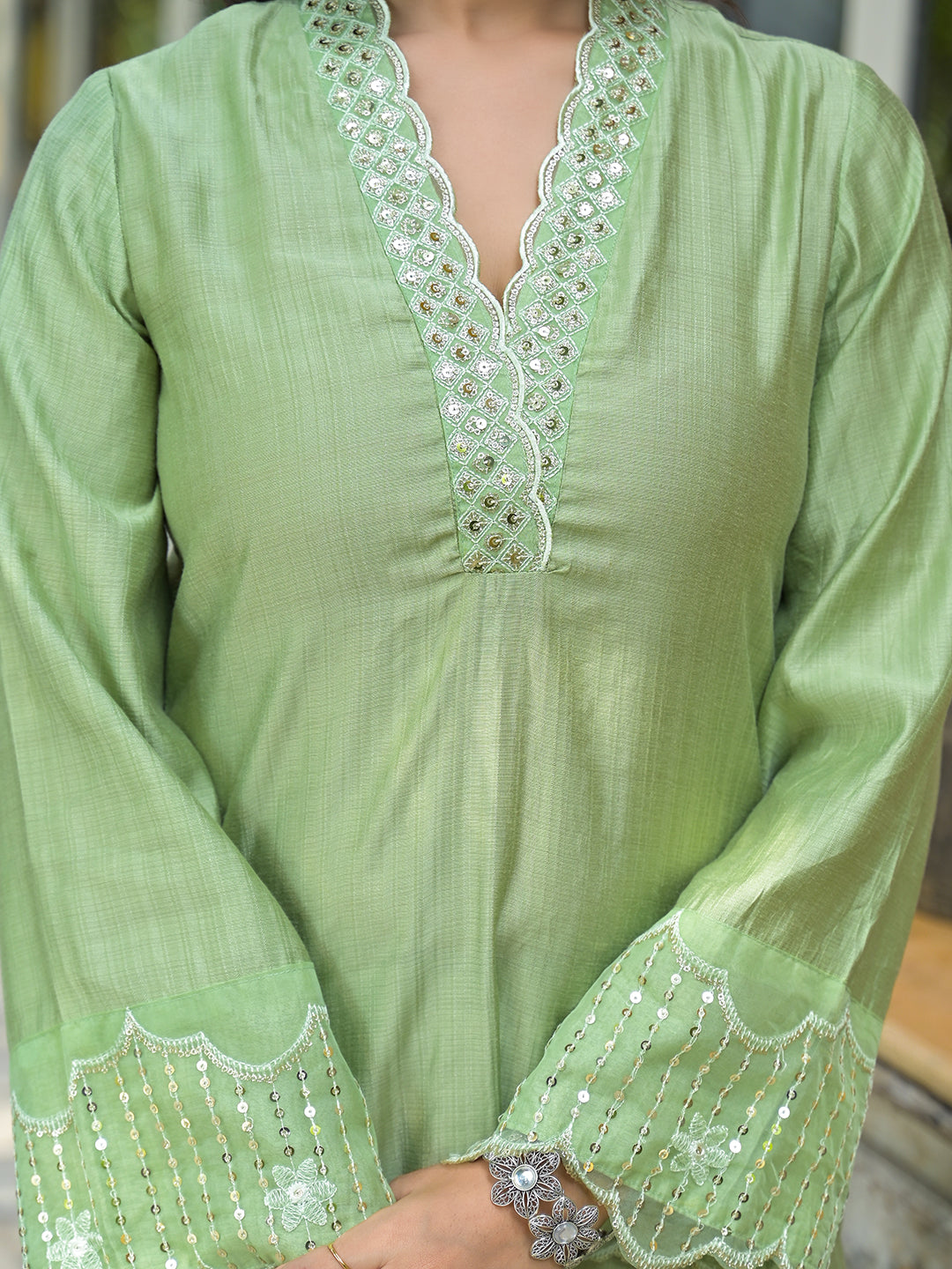 Mint Green Embroidered Pakistani Kurta Set With Embroidered Dupatta