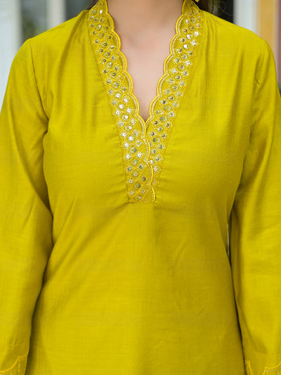 Lime Green Embroidered Pakistani Kurta Set With Embroidered Dupatta