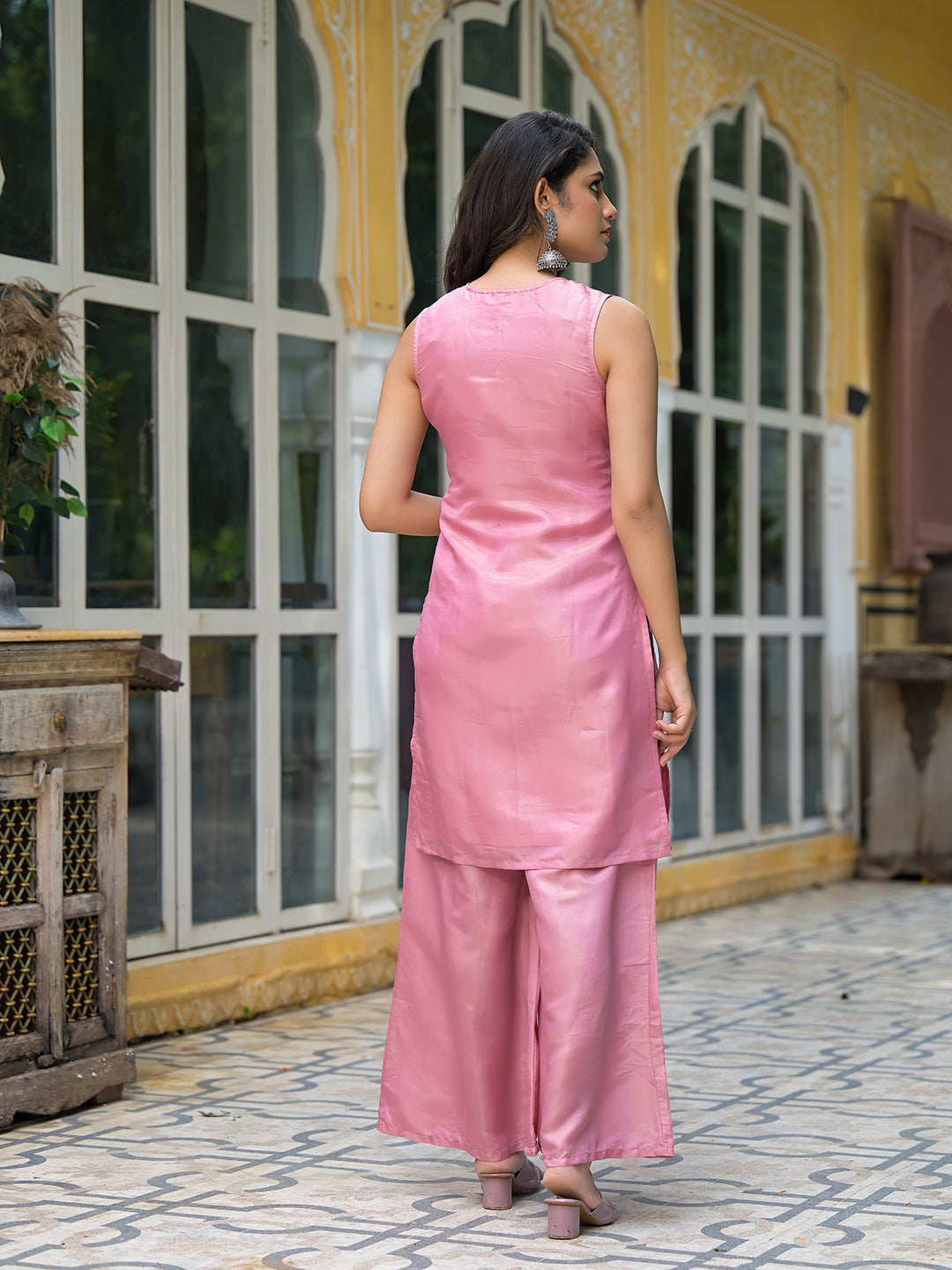 Blush Pink Sleevessless Kurta Sharara With Organza Sequinned Dupatta