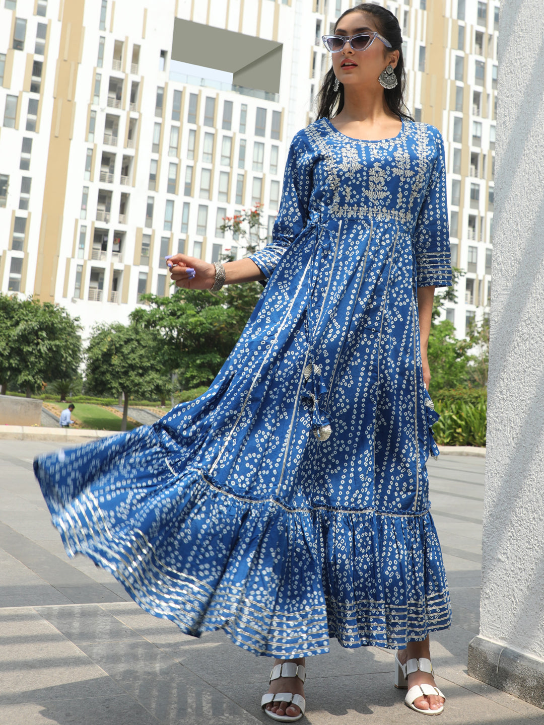 Blue Bandhani Print Maxi Dress