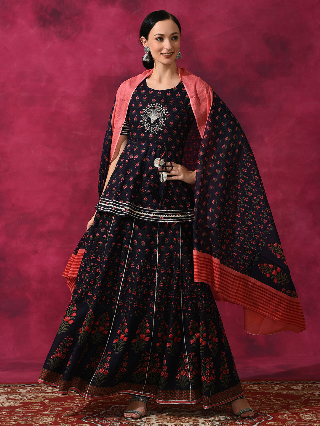 Blue Floral Print Lehenga Choli With Dupatta