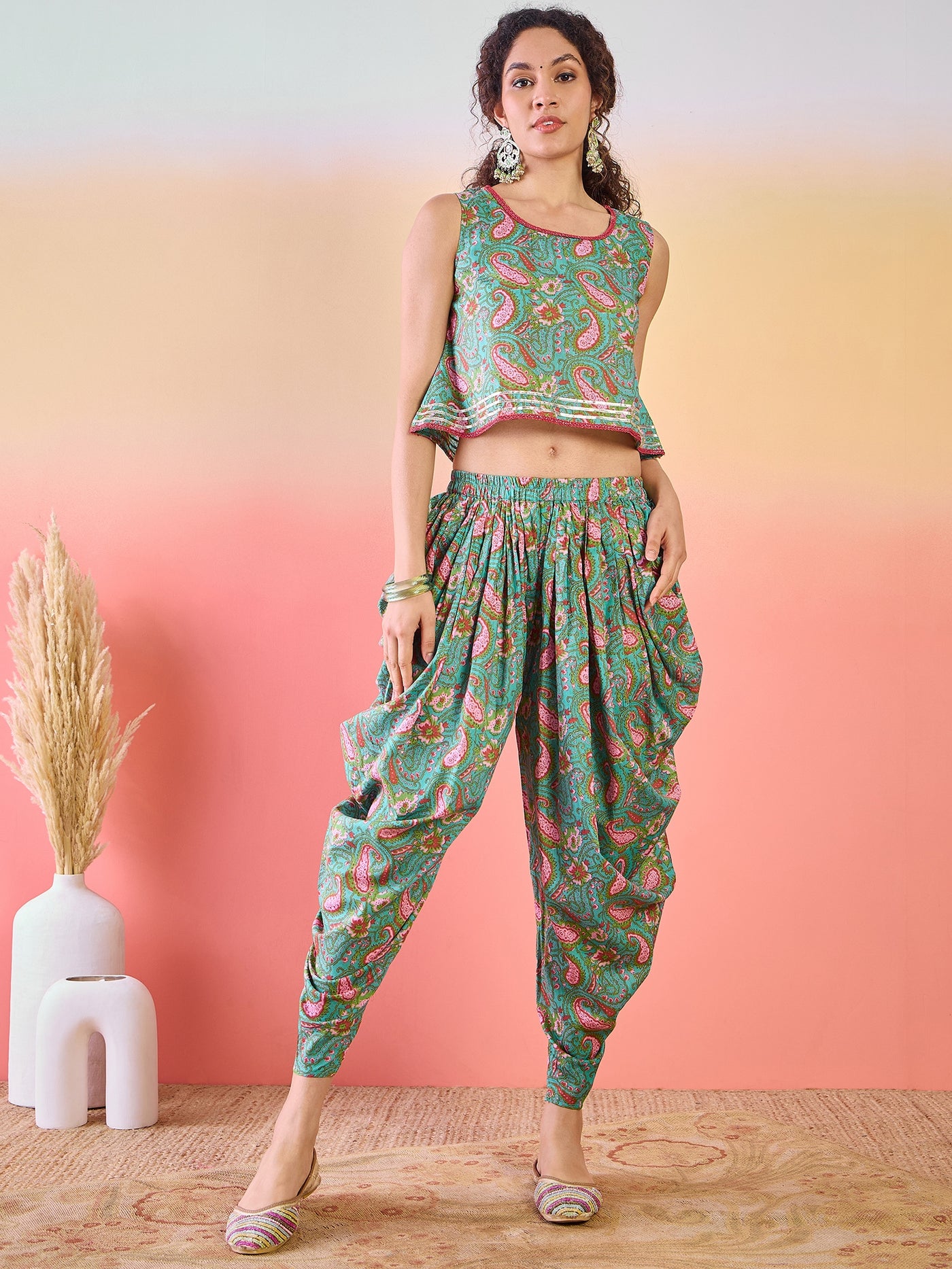 Light Blue Floral Print Dhoti Co-Ord Set With Jacket