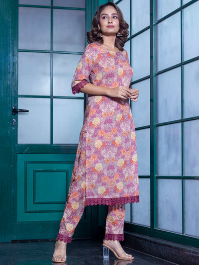 Pink Floral printed Kurta Set with Dupatta