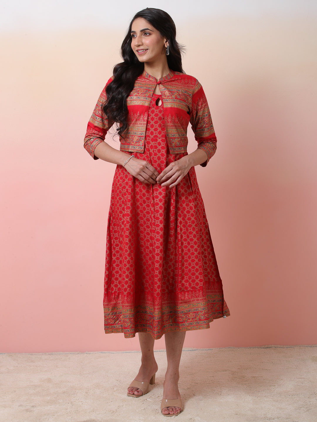 Red Gold Print Anarkali With Jacket