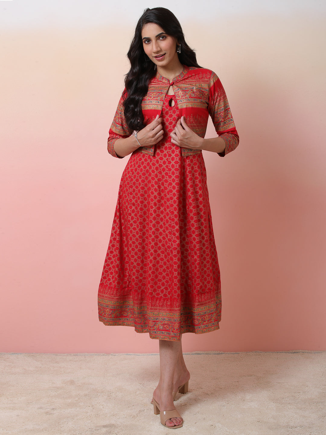 Red Gold Print Anarkali With Jacket