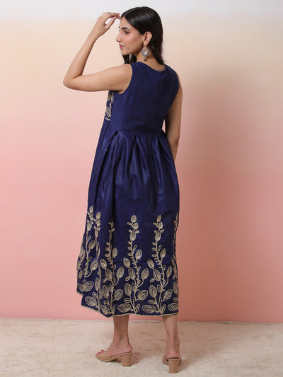 Navy Blue Embroidered Flared Shift Dress