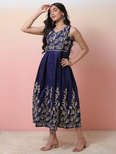 Navy Blue Embroidered Flared Shift Dress