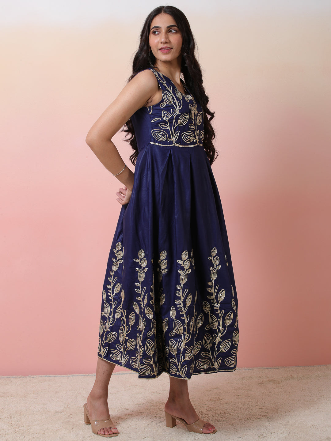 Navy Blue Embroidered Flared Shift Dress