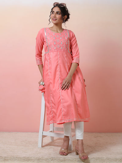 Peach Yoke Embroidered Anarkali