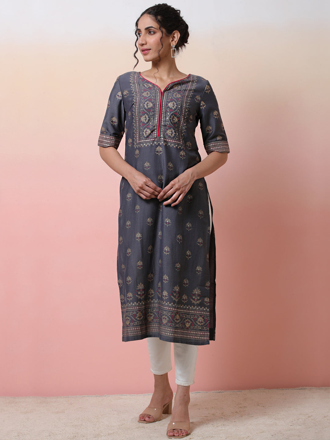 Grey Placement Printed Kurta