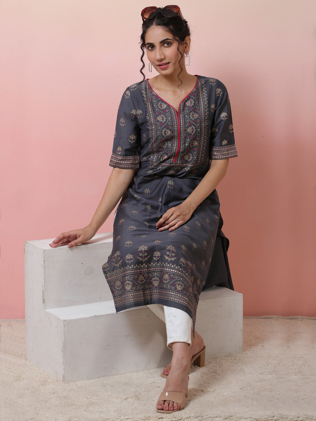 Grey Placement Printed Kurta