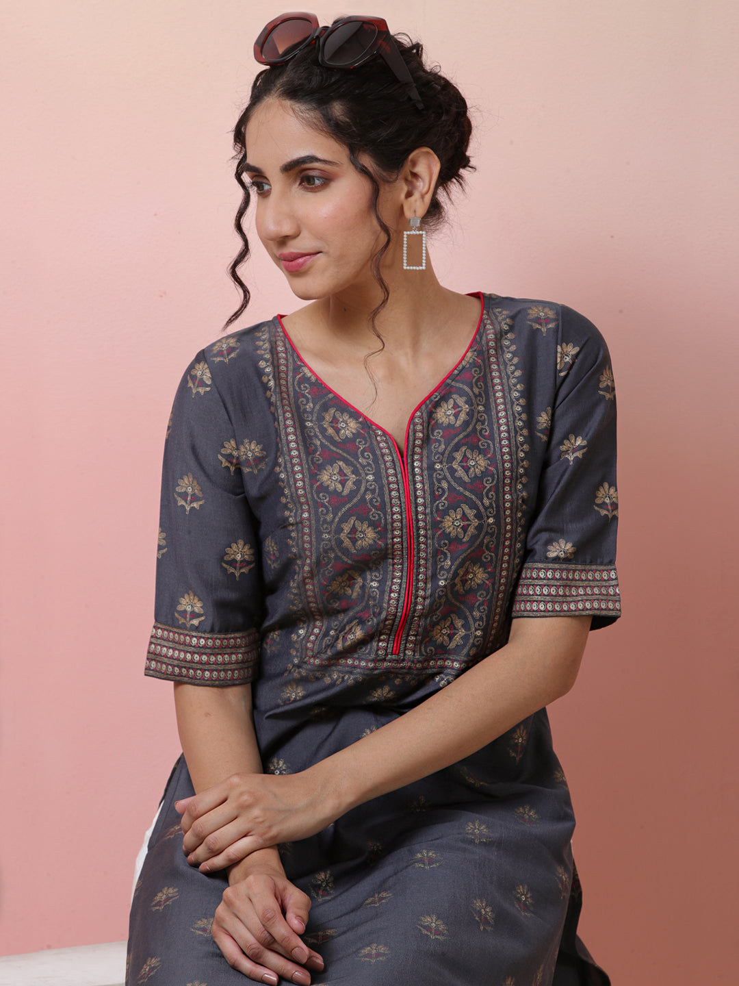 Grey Placement Printed Kurta