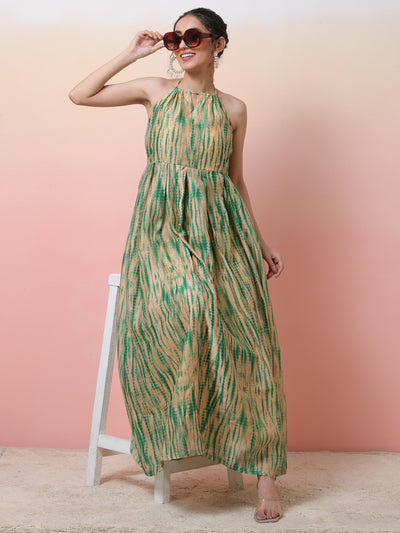 Cream & Green Shibori Print Flared Maxi Dress