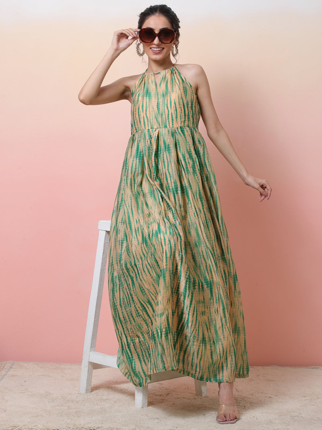 Cream & Green Shibori Print Flared Maxi Dress