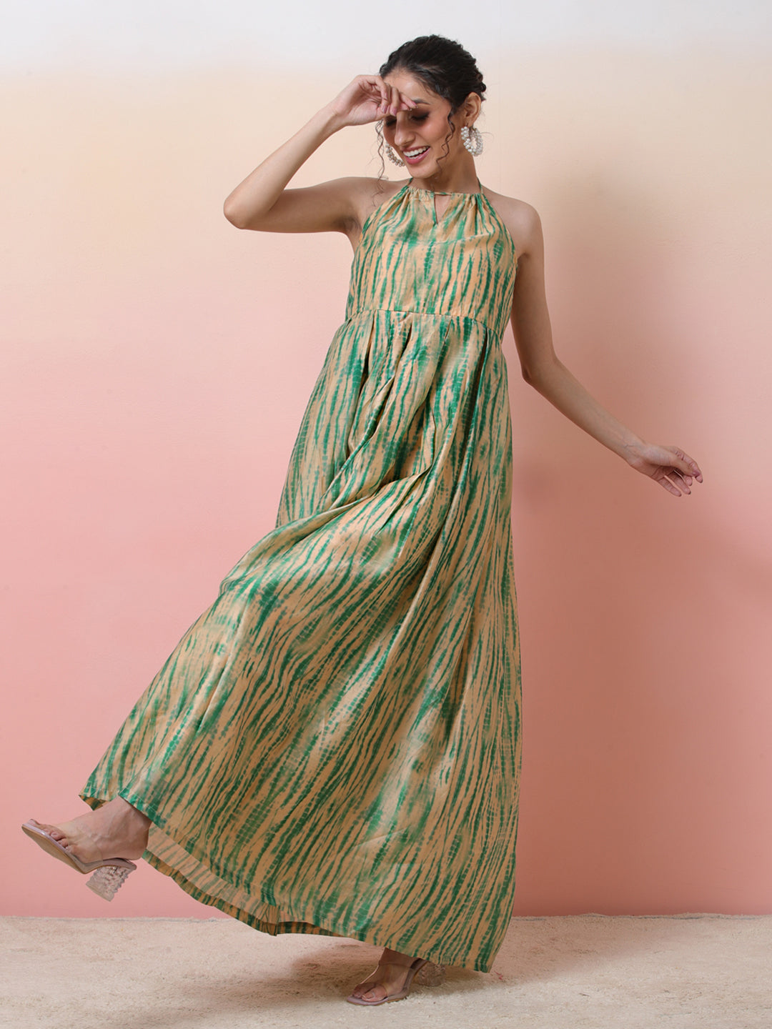 Cream & Green Shibori Print Flared Maxi Dress